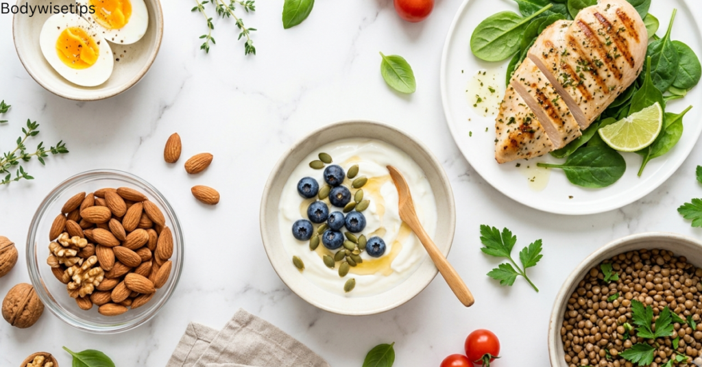 high protein foods that help lose belly fat naturally including eggs chicken and lentils