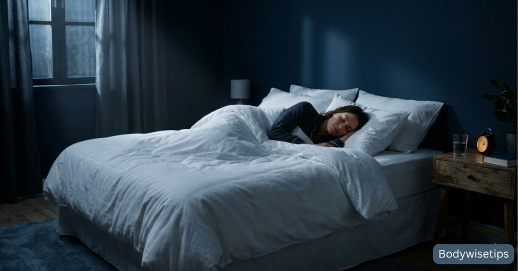 woman sleeping peacefully in dark cool bedroom to reduce belly fat naturally