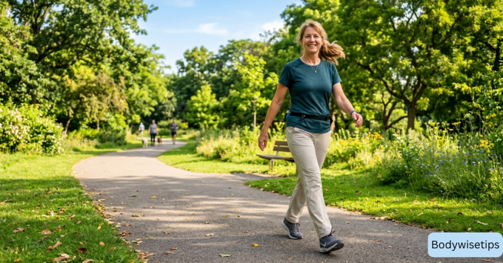 woman walking in sunny park daily to lose belly fat naturally