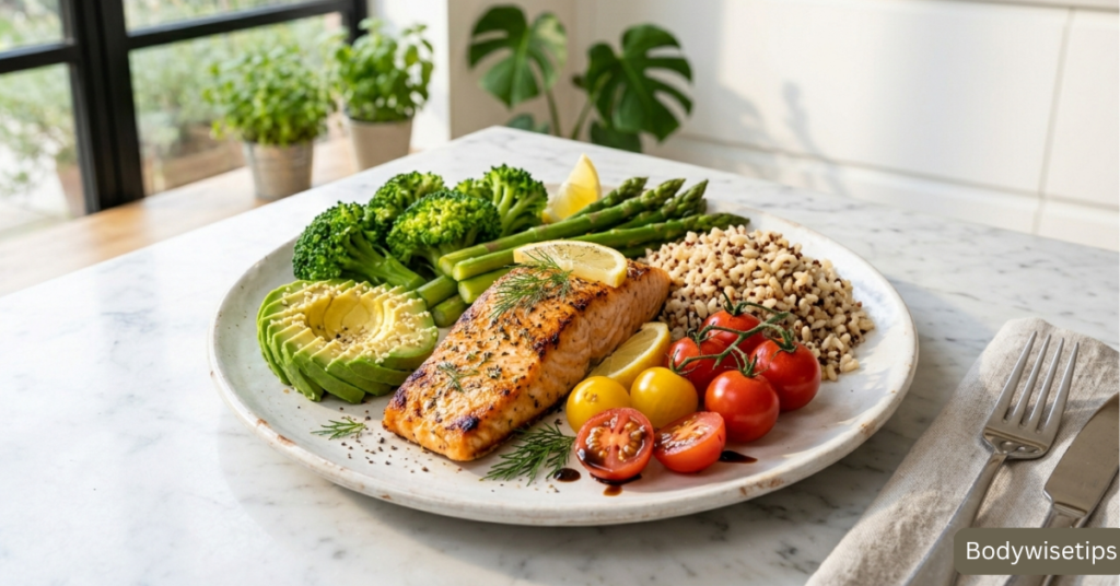 healthy balanced meal to eat during intermittent fasting eating window with protein and vegetables