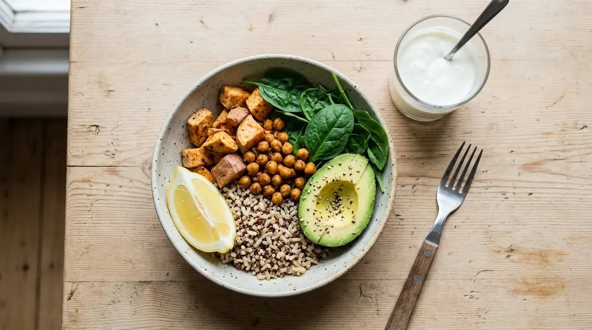 Colourful grain bowl with vegetables and legumes — immune-supporting whole foods