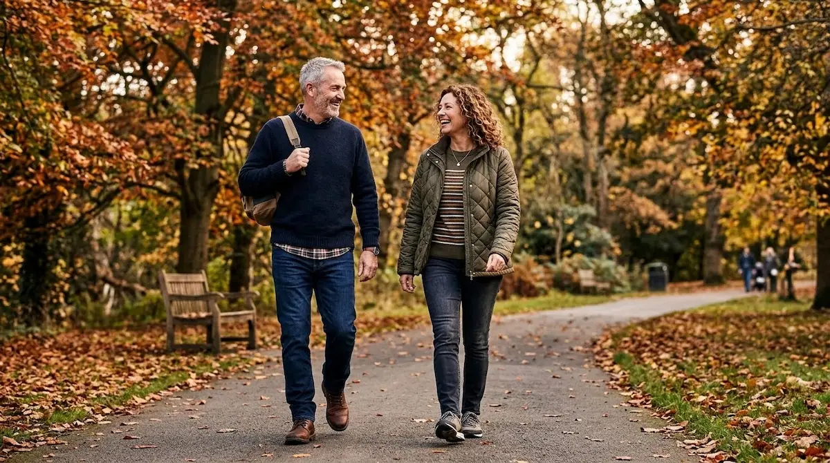  Two adults walking in a park — moderate exercise supports immune function