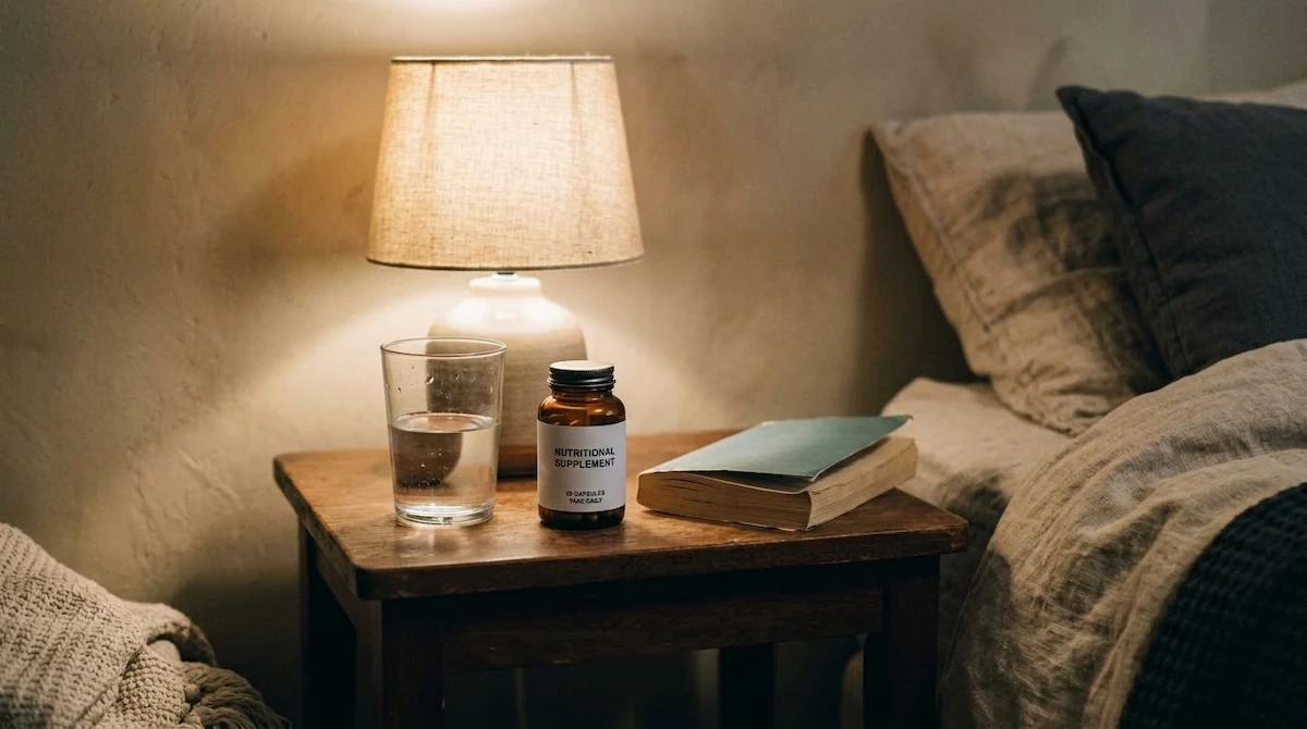 Amber supplement bottle and water on a nightstand illustrating the best time to take magnesium for sleep