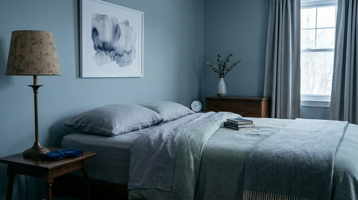 A cool, dark, quiet bedroom set up to help prevent waking up in the middle of the night.