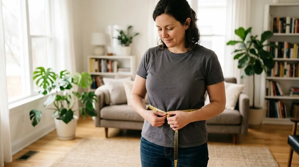 Person measuring their waist, illustrating the cortisol belly fat and stress connection.