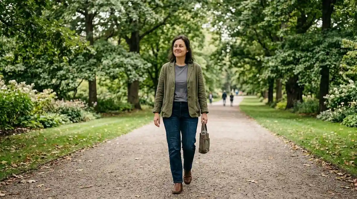 A person taking a relaxed daily walk, one of the simplest ways to lower stress and visceral fat.