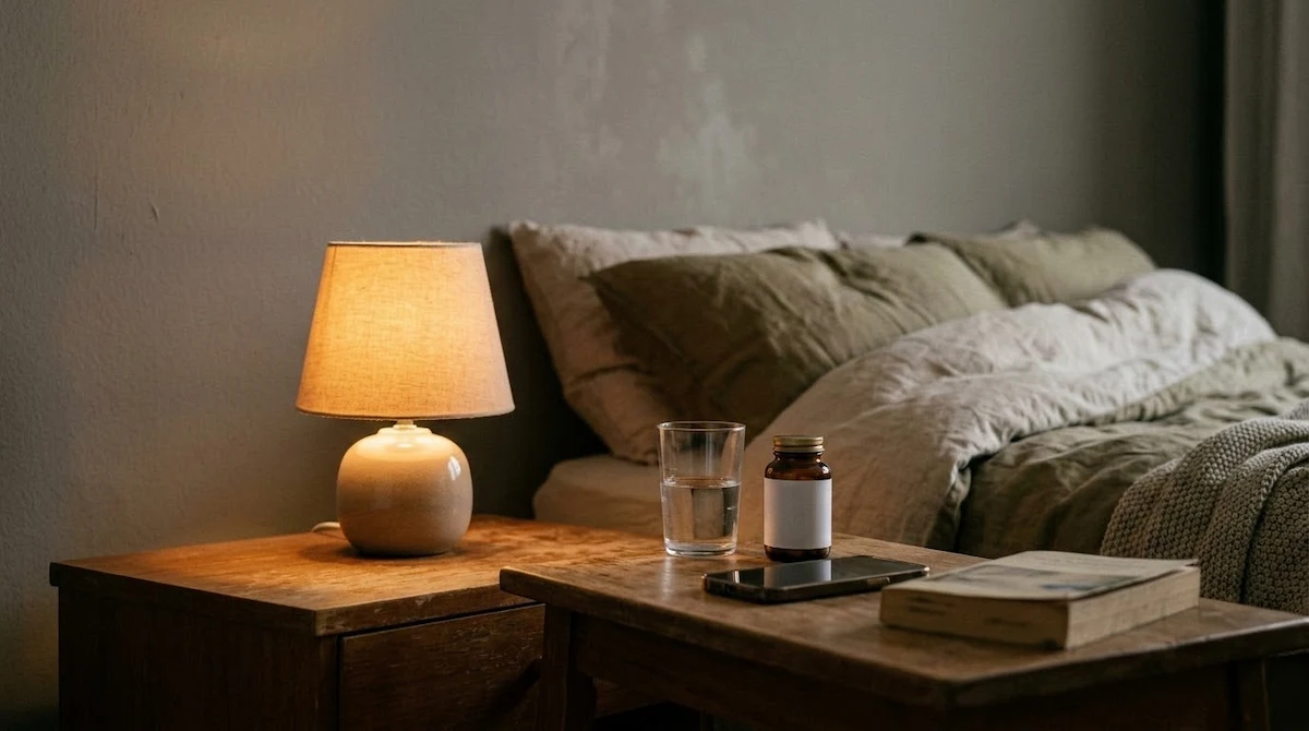magnesium glycinate for sleep — bedside table with supplement and glass of water