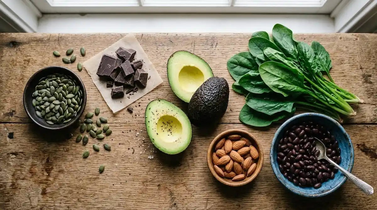 magnesium-rich foods including pumpkin seeds, dark chocolate, spinach, almonds, and avocado