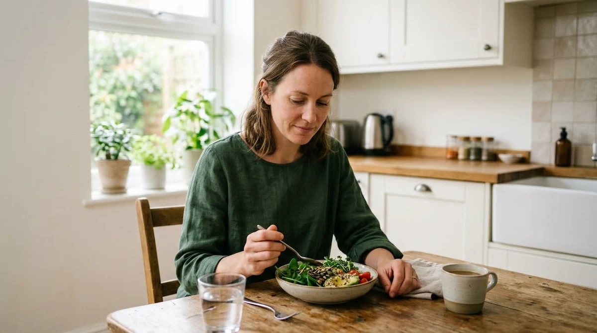 signs of magnesium deficiency — woman at kitchen table with magnesium-rich foods