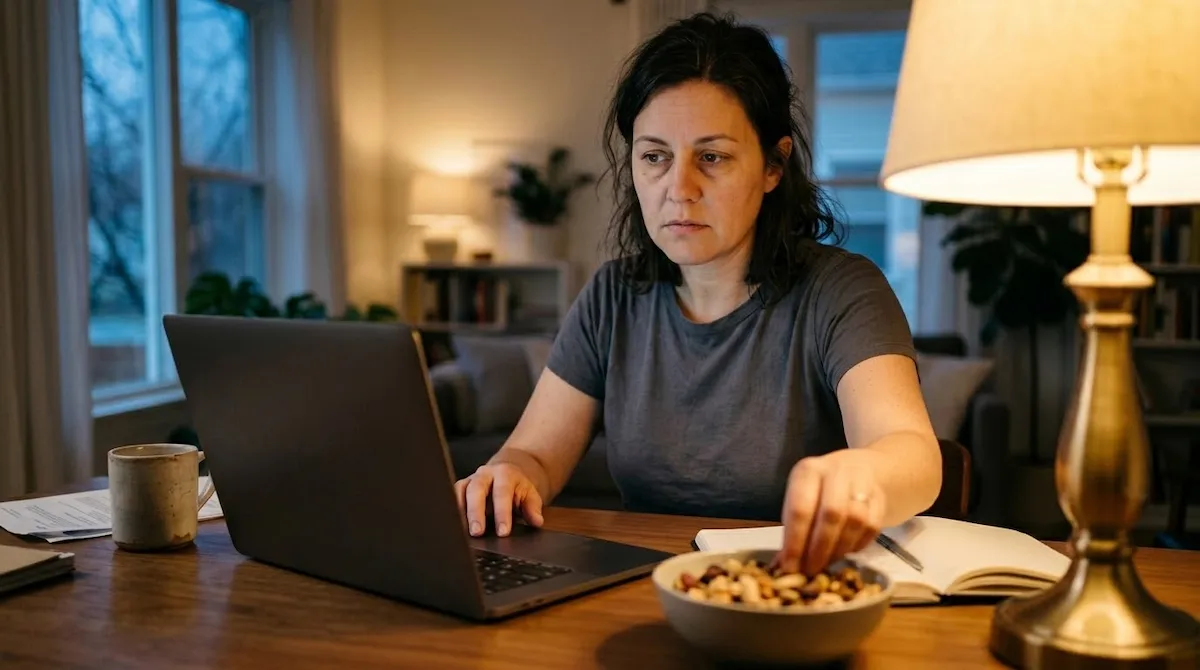 A stressed person reaching for comfort food at night, showing how stress drives cravings.