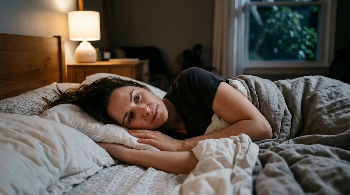 Woman lying awake in bed at night, waking up at 3am and unable to fall back asleep.