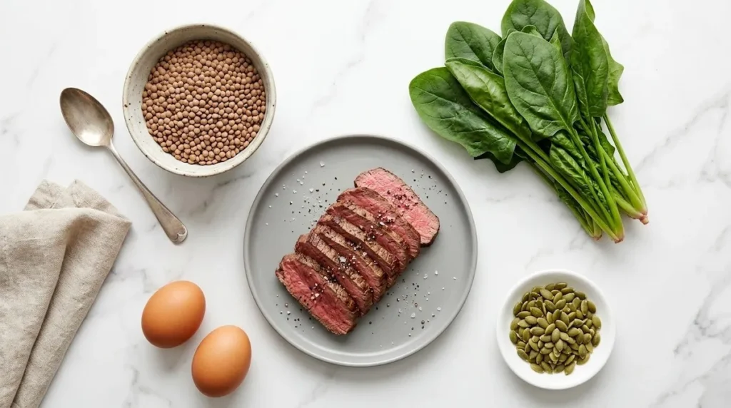iron rich foods including spinach lentils eggs and lean meat arranged on a white surface