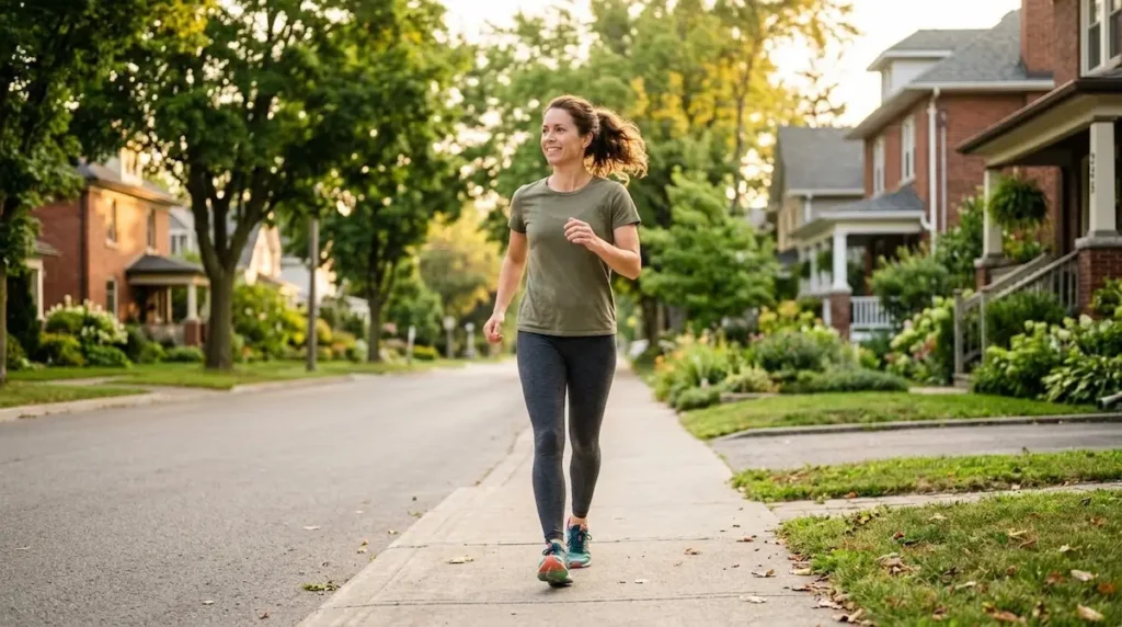 woman taking a brisk morning walk outside in sunlight to naturally boost energy and fight fatigue