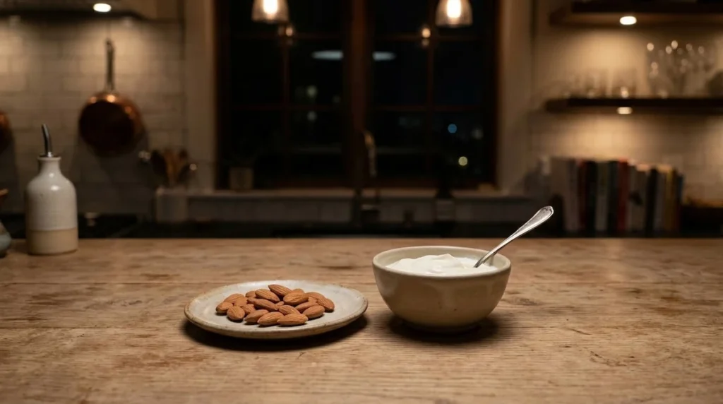 healthy small evening snack with nuts and yogurt to stabilize blood sugar before sleep Always tired after sleeping