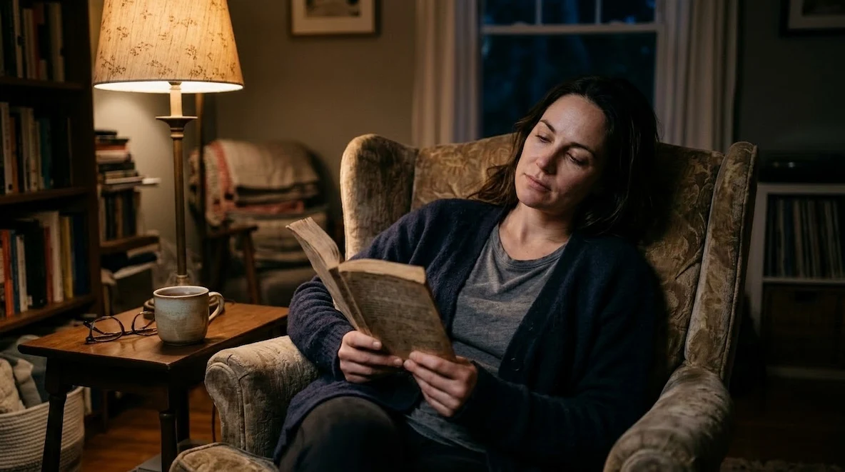 Person reading a book under a dim lamp instead of checking a phone after waking in the night.